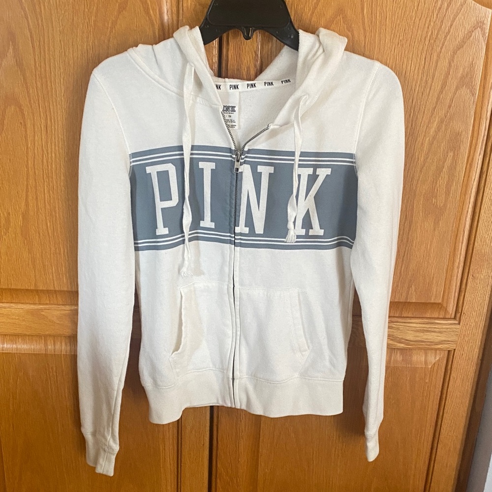 PINK Victoria’s Secret Zip-Up Hoodie with Gray Logo Panel. Size XS.